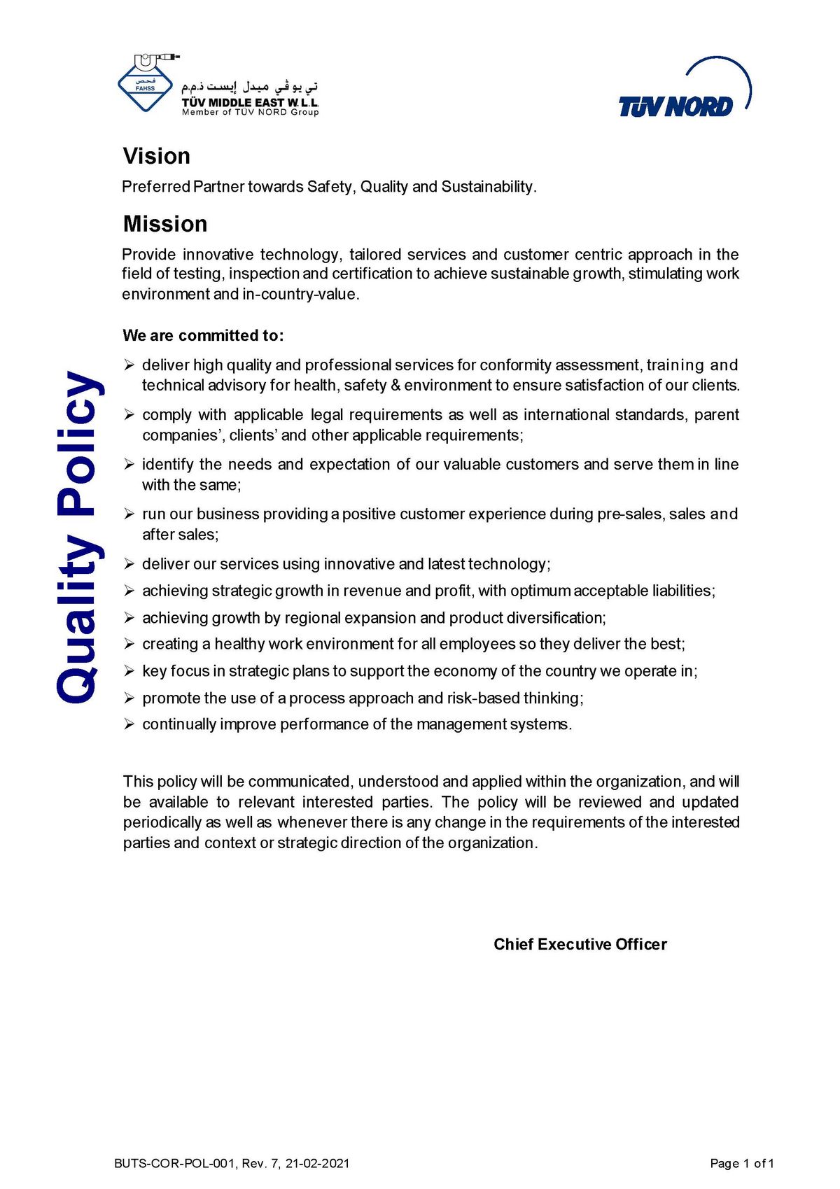 Quality and Health, Safety & Environment Policy - Our Company | TÜV
